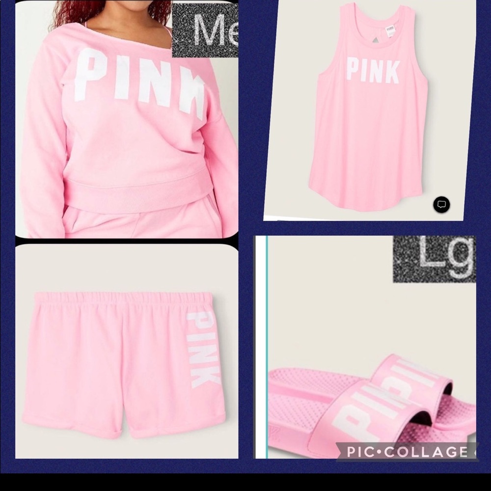 Vs pink heritage shorts off the shoulder sweatshirt slit back tank slides